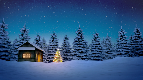 wooden cabin and christmas tree