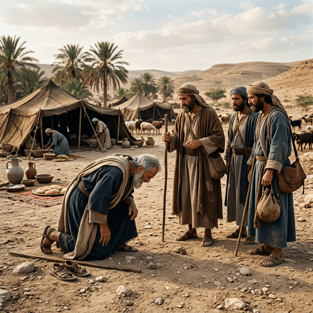 Four men wearing ancient Middle Eastern robes, one kneeling, others standing with staffs near tents and sheep