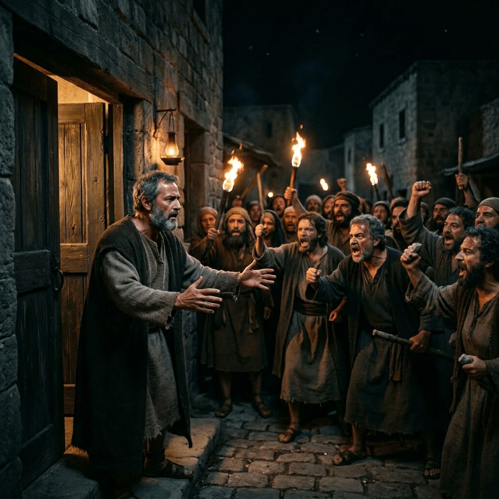 Crowd of people holding torches and shouting at a man outside stone building at night