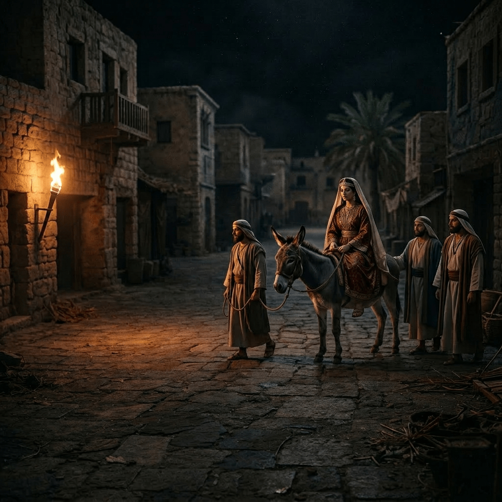 Villagers in ancient attire walking through a stone-paved street with torches and lanterns at night