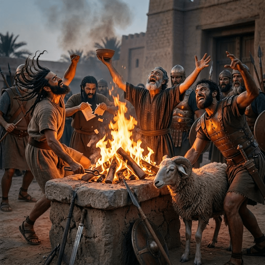 Four men in ancient robes performing a fire ritual at a stone altar with a ram