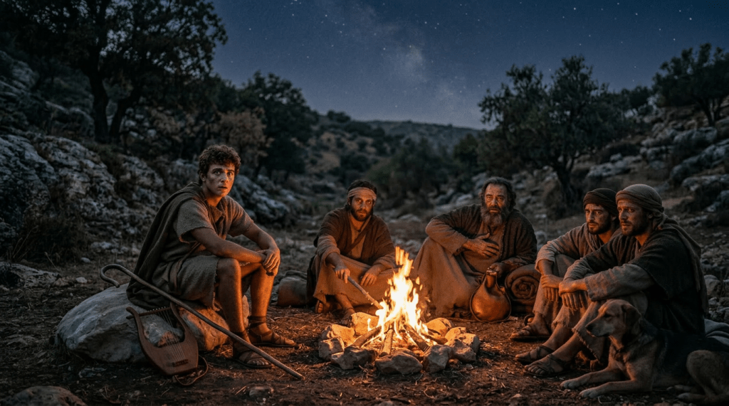 Five men dressed in ancient clothing sitting around a campfire with a dog