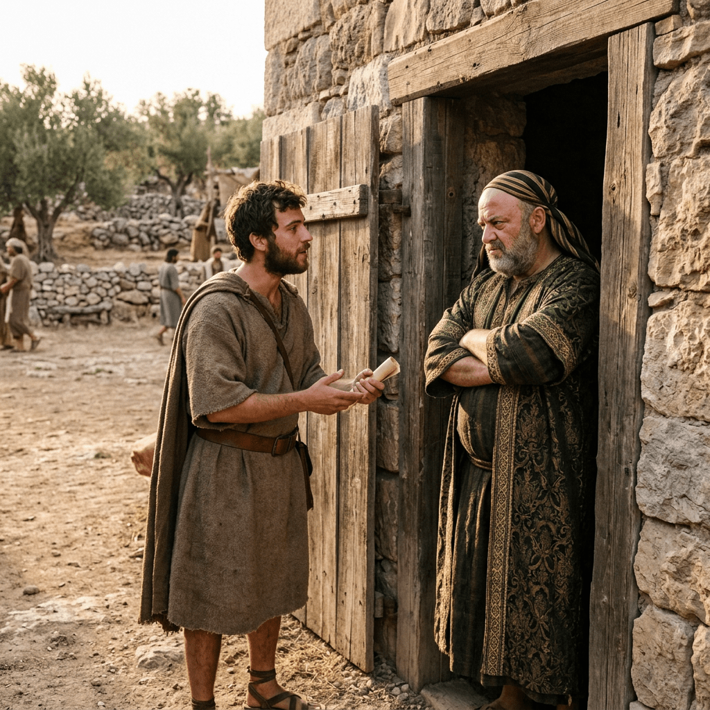 Two men talking near a wooden door of a stone building in an ancient village