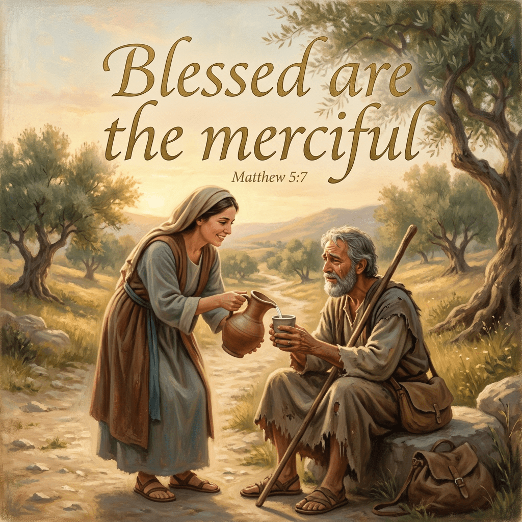 Young woman pouring water into a cup for an elderly man sitting with a staff