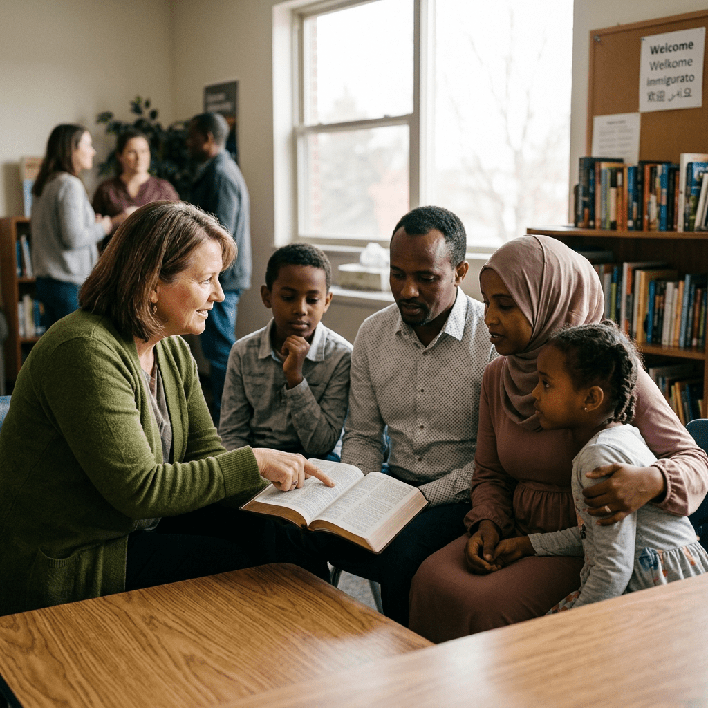 Woman pointing at a book while a family of four listens attentively in a library