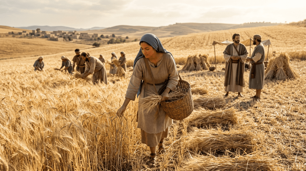 Group of people harvesting golden wheat in a field with baskets