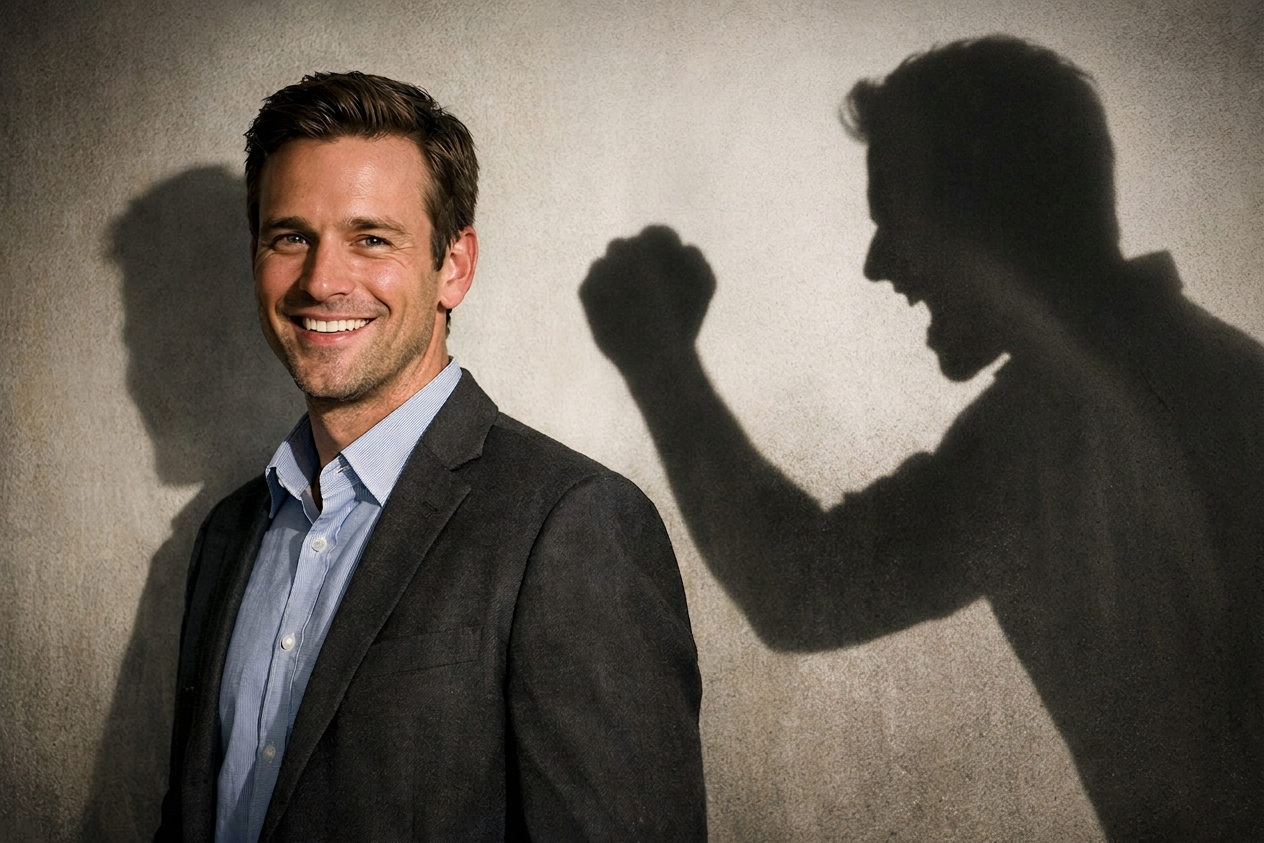 Smiling man with dark shadow holding a knife behind him