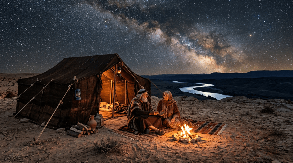 Two people sitting by a campfire outside a tent in a desert with the Milky Way galaxy visible above