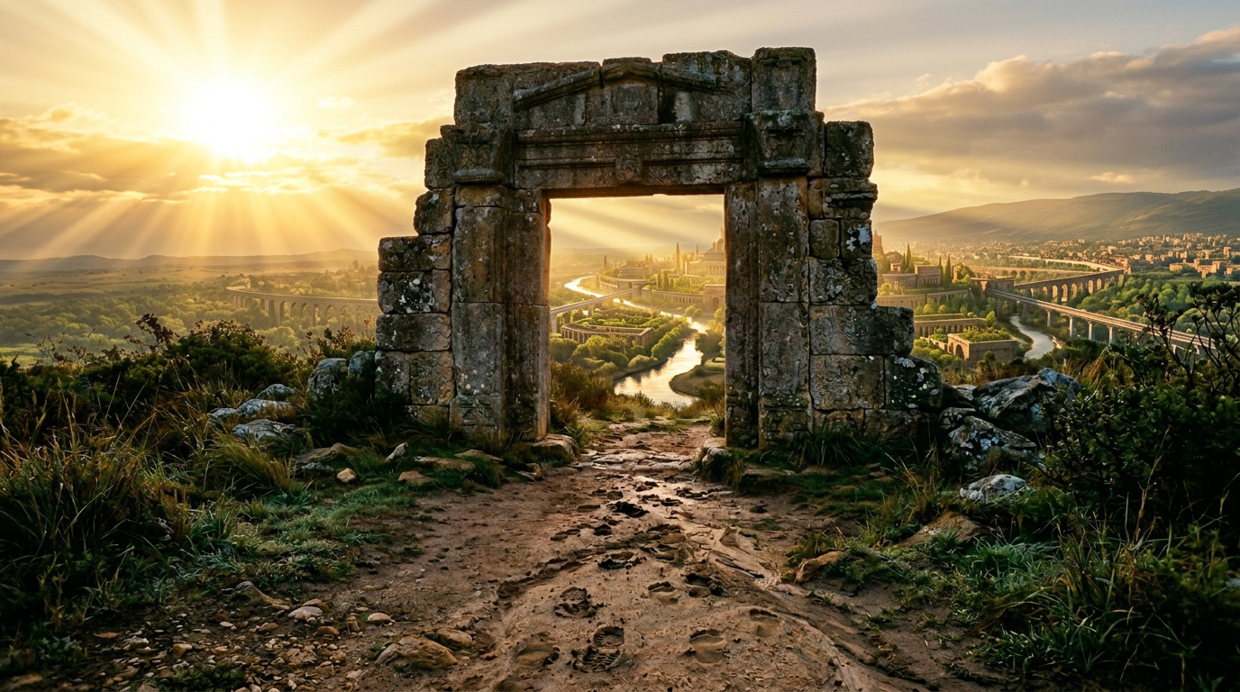 Ancient stone gateway in natural landscape Stone gateway with a dirt path leading through it toward mountains at sunrise