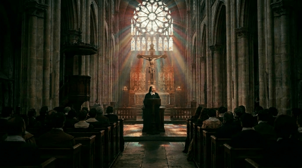 Clergyman preaching in historic church with sunlight streaming through stained glass windows