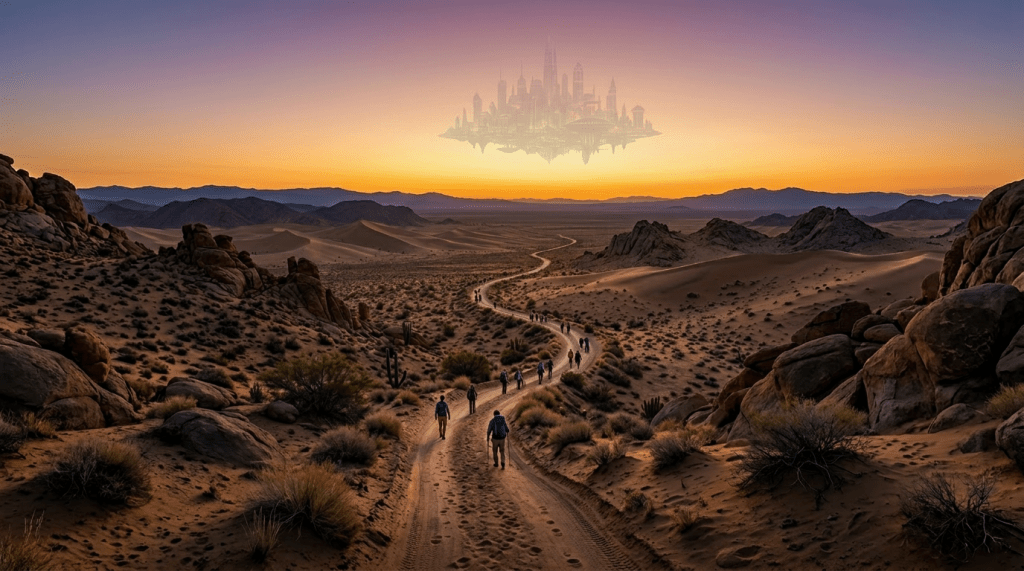 Traveler walking on winding desert path toward floating city at sunset with glowing skyscrapers