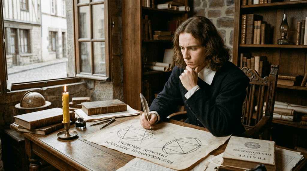 Young man with long hair writing geometric theorems with a quill at a wooden desk