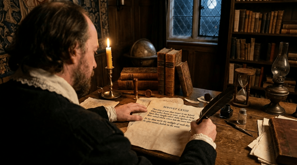 Man in historical attire writing Shakespearean sonnet with quill and candle