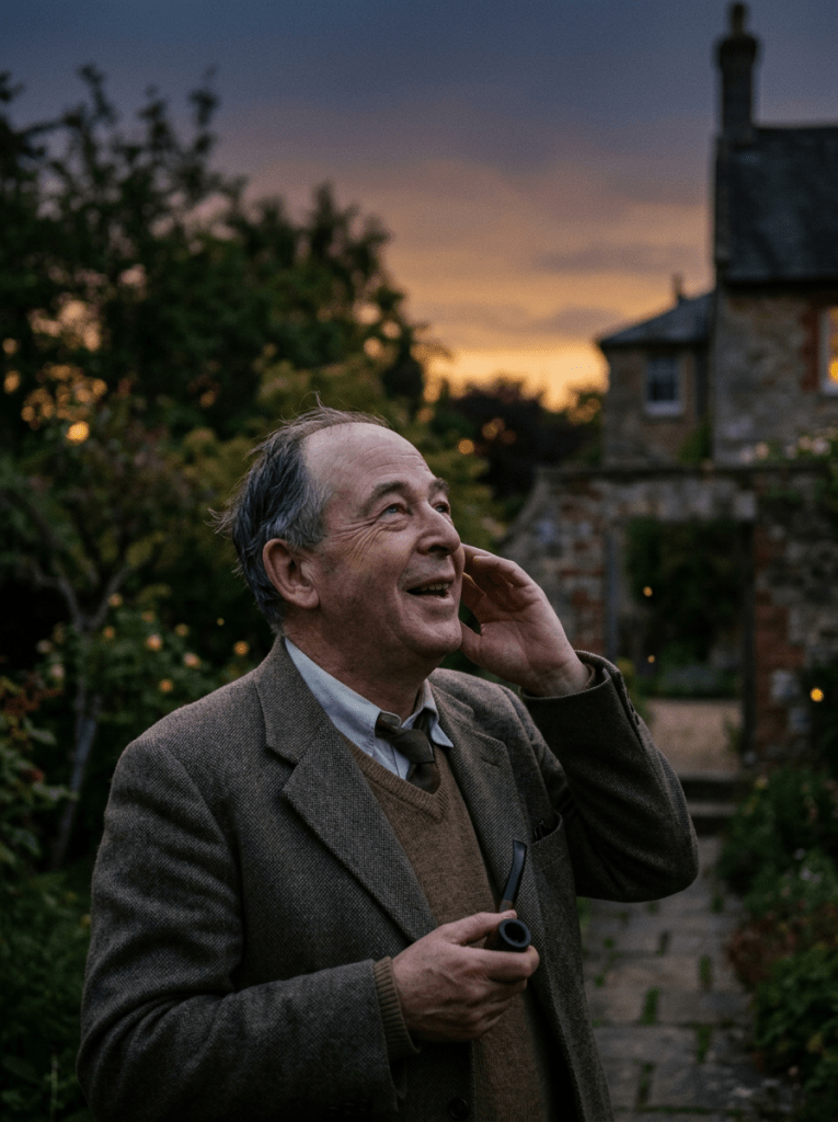 Older man holding a pipe, smiling and looking up outdoors at dusk
