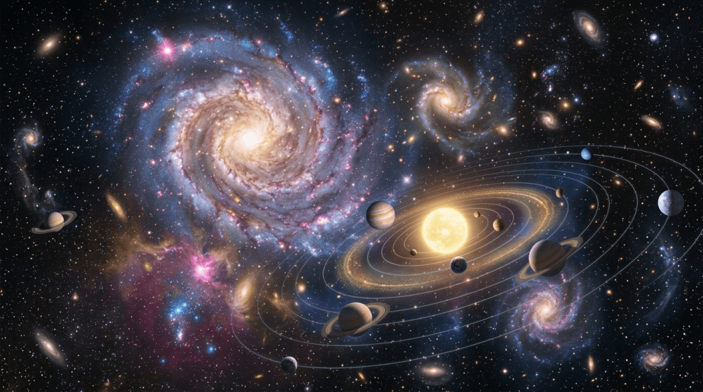 Solar system planets orbiting the sun with multiple galaxies in the background.