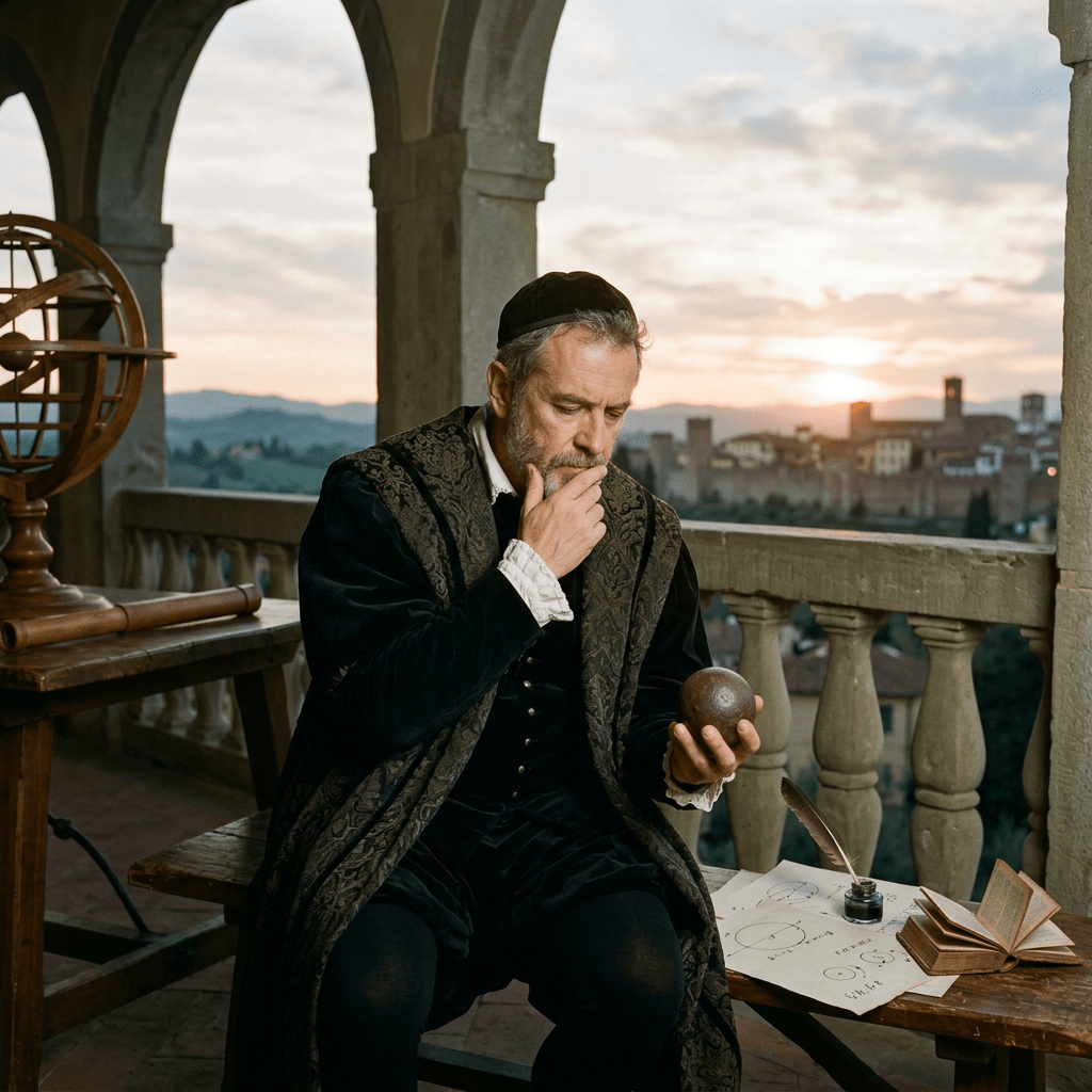 Man in Renaissance attire holding a metal sphere, seated beside astronomical instruments and diagrams at sunset