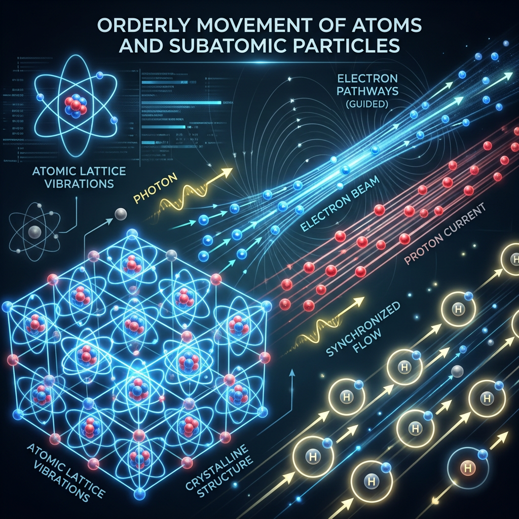 Diagram showing atomic lattice vibrations, crystalline structure, electron beam, proton current, and guided electron pathways with photons and synchronized flow