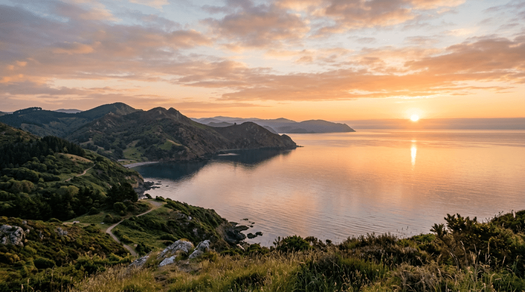 Sun rising over calm sea beside green hills with a winding path