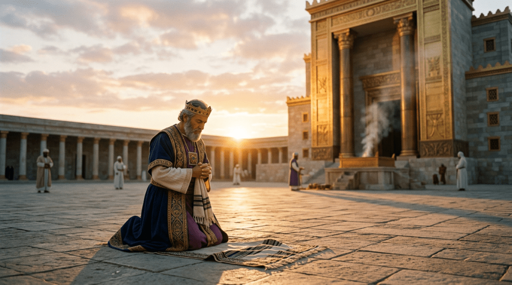 King kneeling on a prayer rug in front of an ancient temple altar with rising smoke