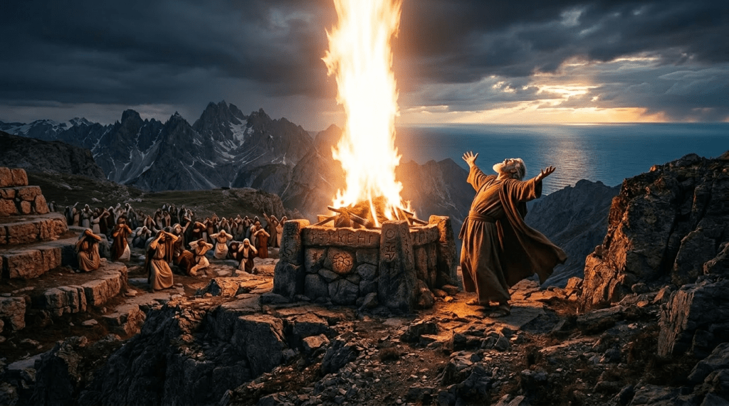 Stone altar with fire burning intensely on rocky mountain summit under cloudy sky