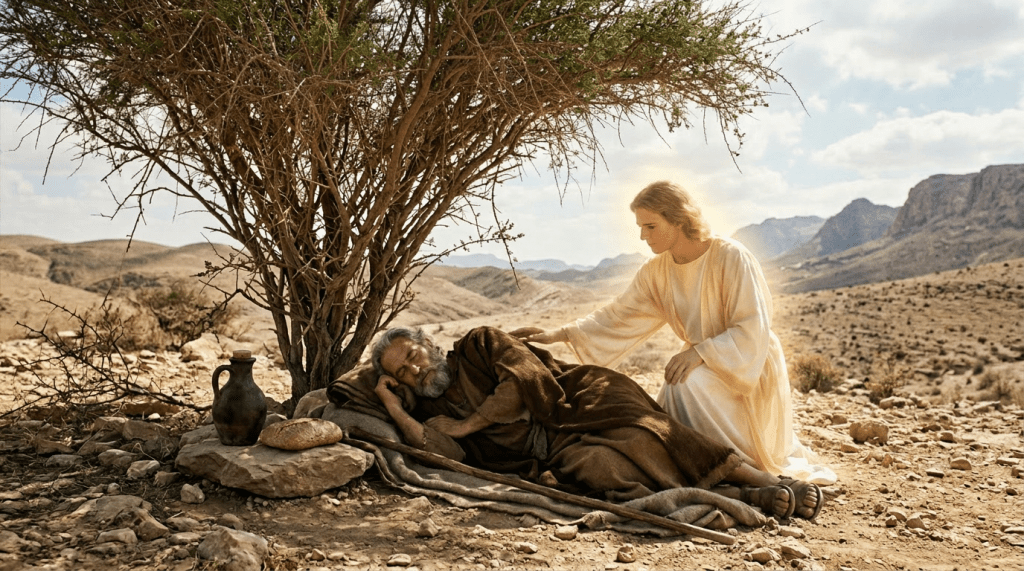 Elderly man sleeping under tree with angel comforting him
