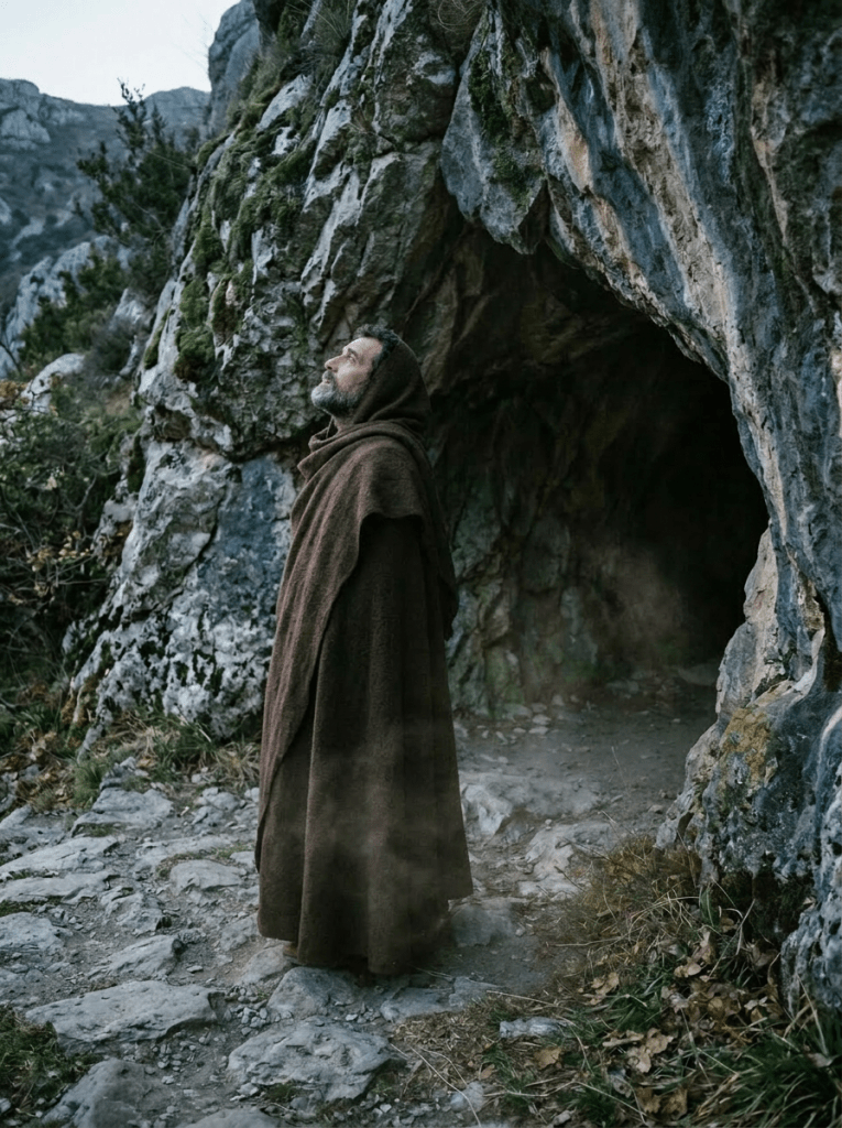A man in a brown cloak entering a rocky cave surrounded by moss and vegetation