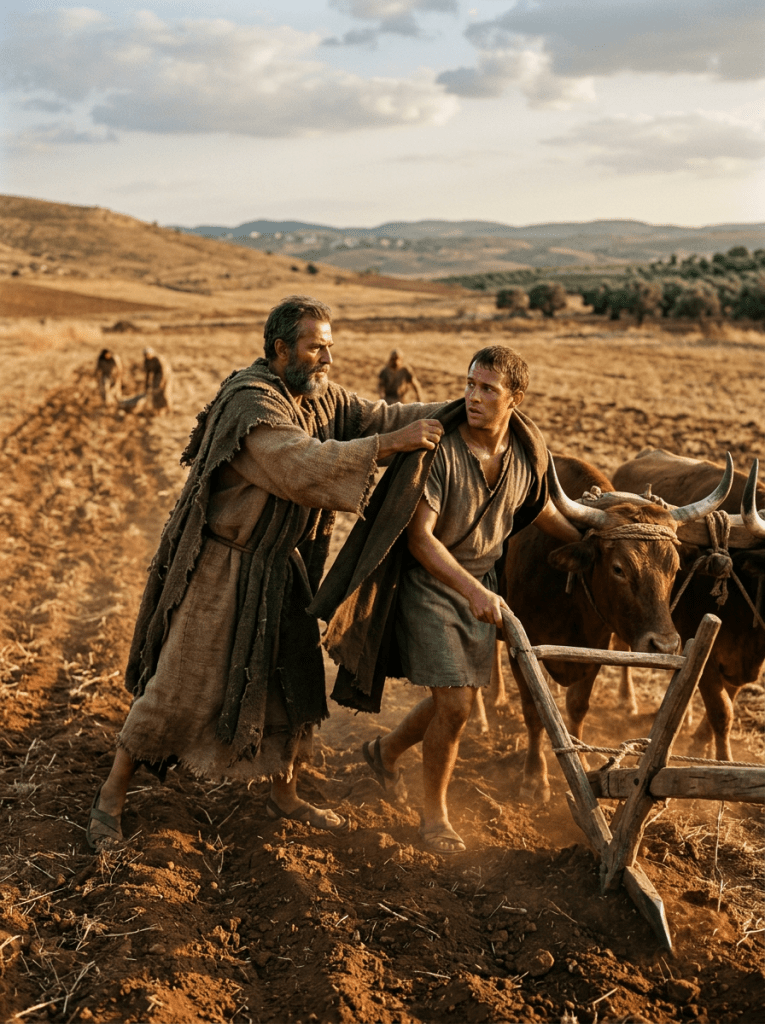 An older man helping a younger man plow a field with oxen