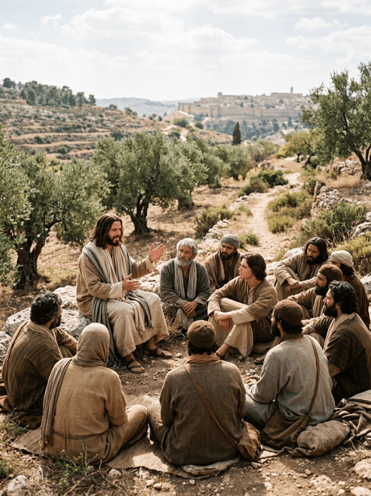 Jesus seated on a rock teaching a group of disciples outdoors in a rural landscape