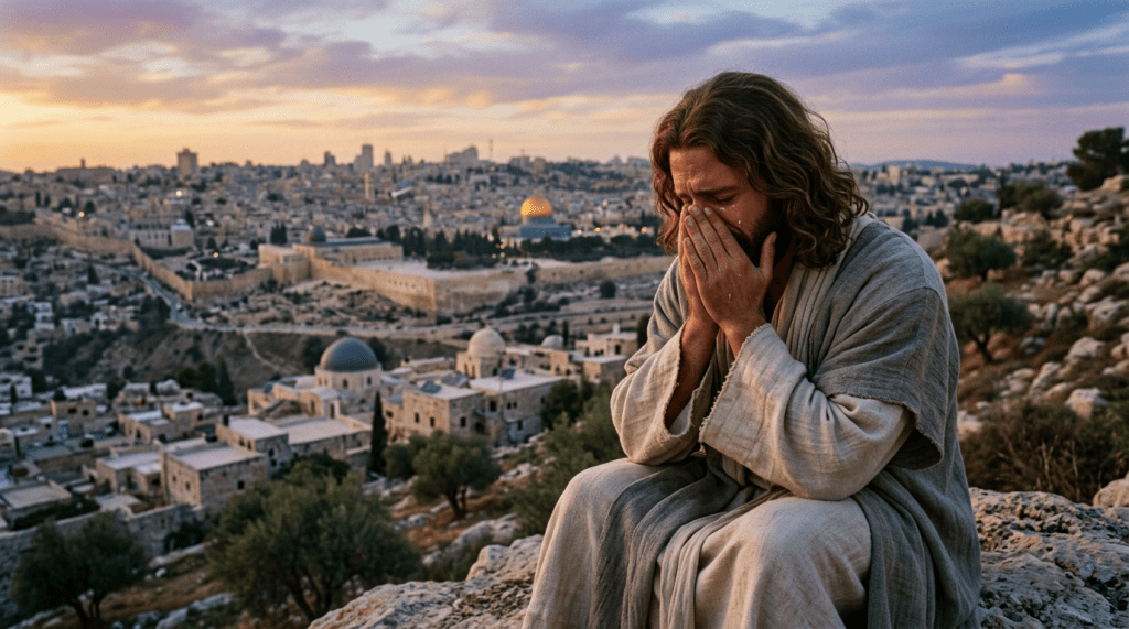 Man in traditional robes sitting on a rock, covering face with hands, historic city with ancient buildings and Dome of the Rock in background at sunset
