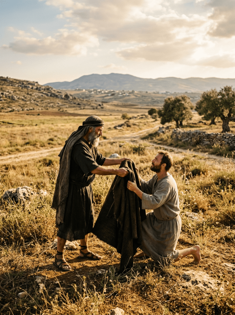 An elderly man standing gives a robe to a kneeling man in simple ancient clothing outdoors.