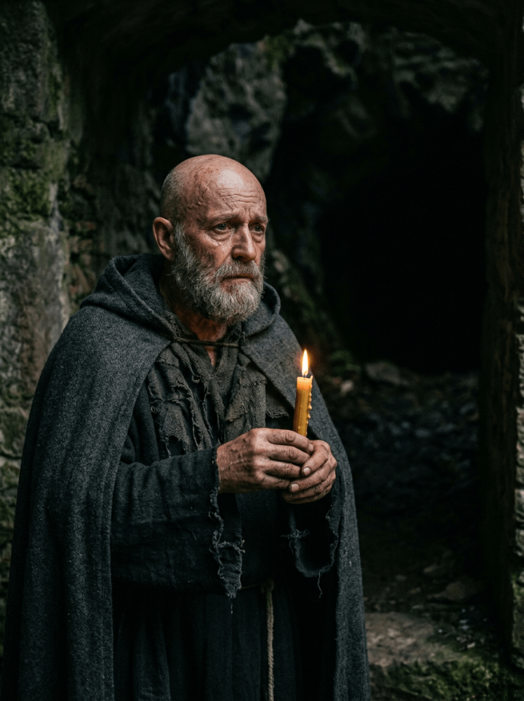 Elderly monk in dark robe holding a lit candle in a stone cave