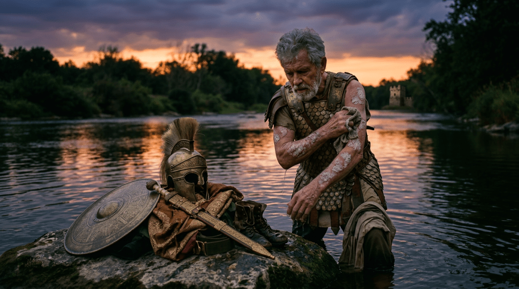 Older man standing in a river washing with a cloth during sunset