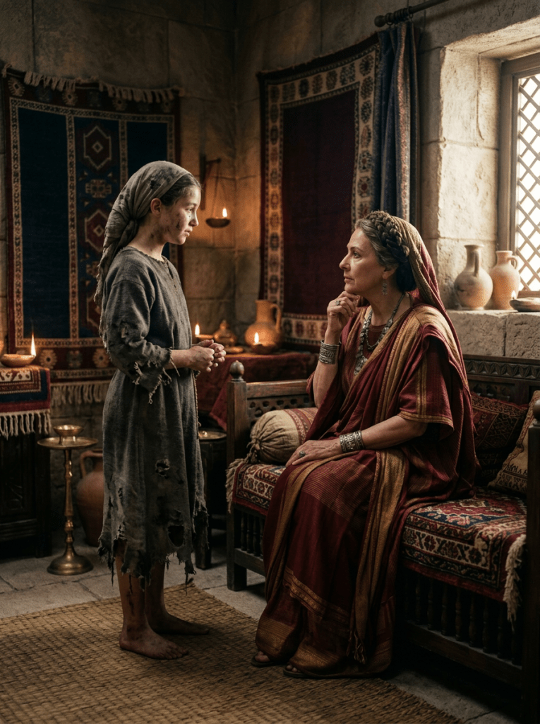 Young girl standing barefoot in simple clothing talking to seated richly dressed woman in a historical room