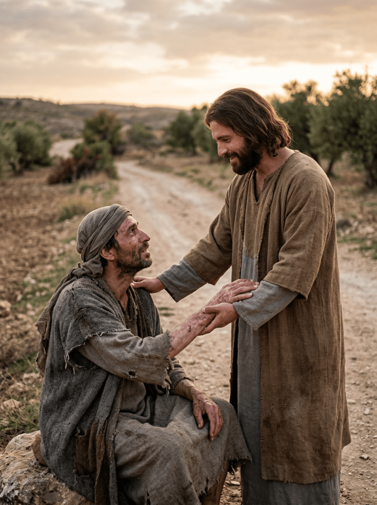A standing man gently holding the hand and shoulder of a seated, ragged man on a dirt road