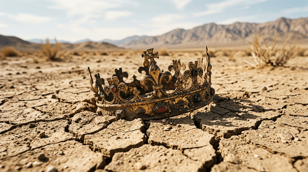 Ornate crown with jewels lying on cracked desert ground