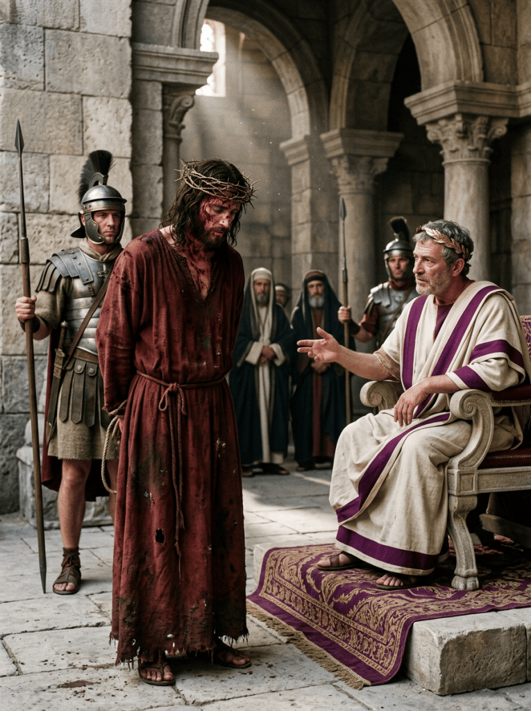 Man with crown of thorns and bloodstained robe standing before seated Roman official in toga