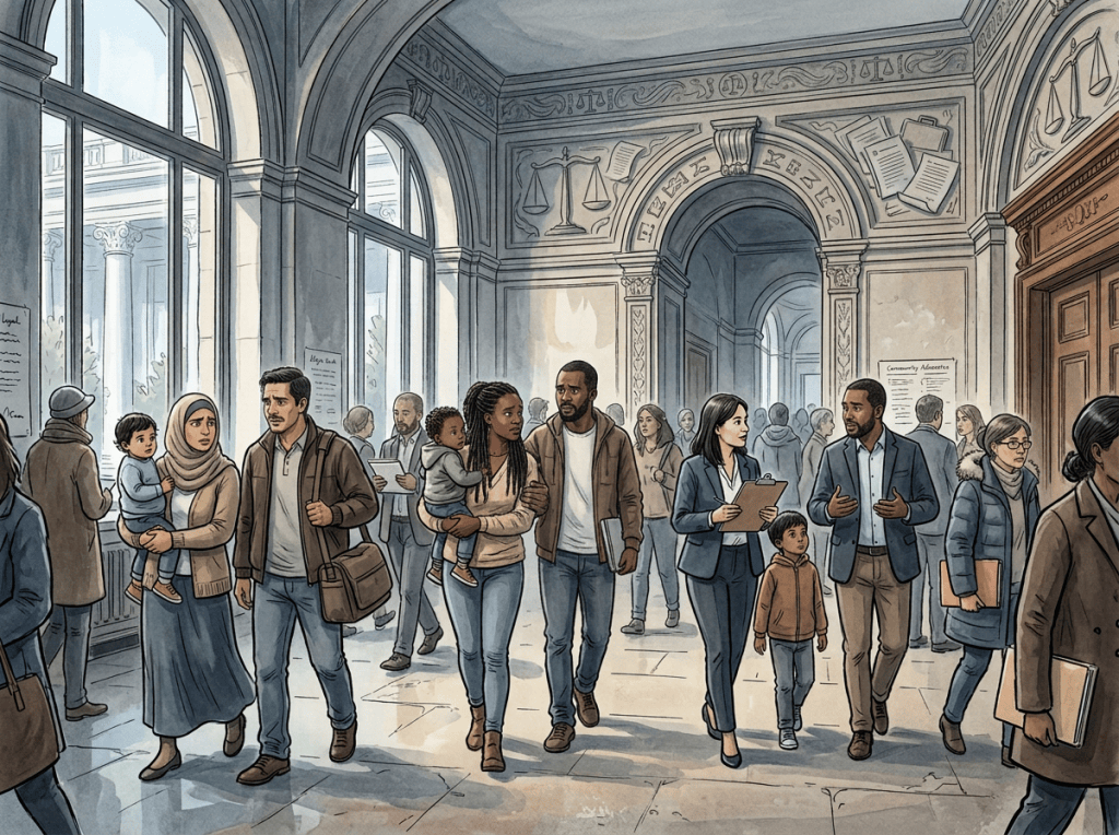Diverse people walking through an ornate courthouse hallway