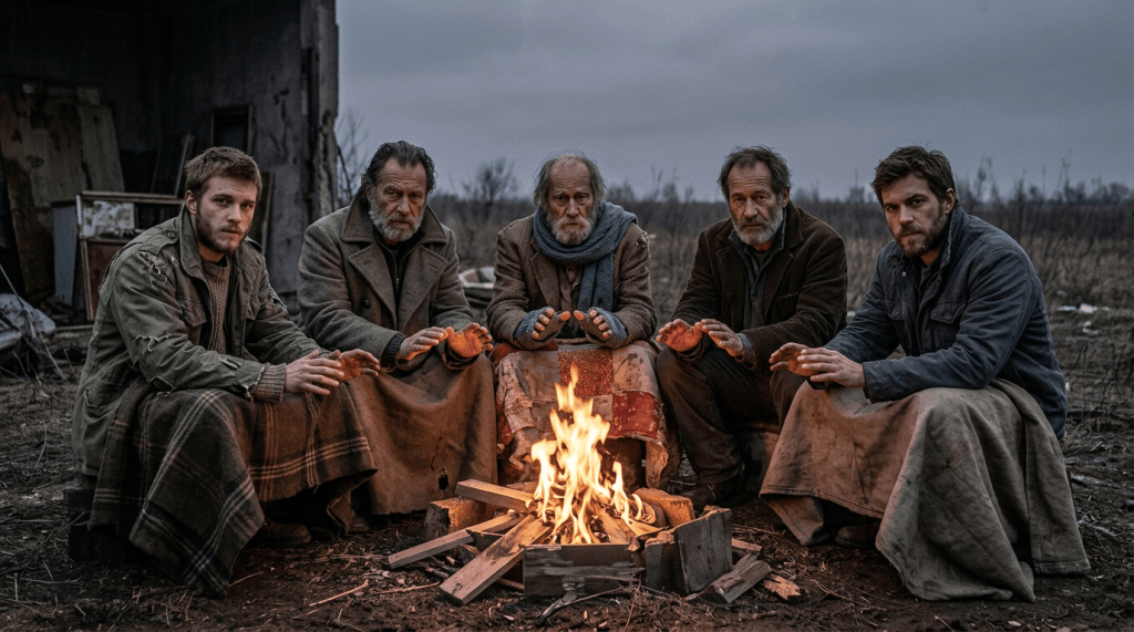 Five men in winter clothing gather around a fire outdoors at dusk