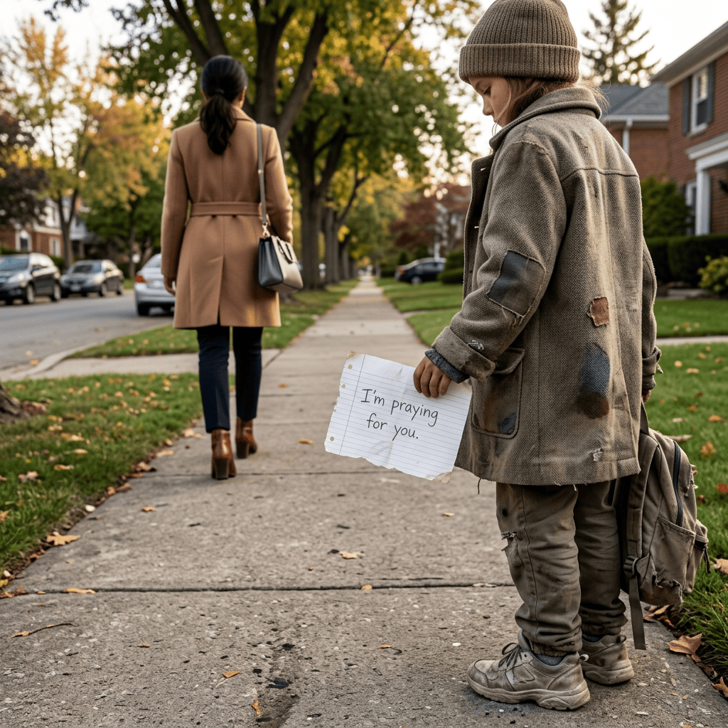 Child holding a handwritten note reading “I’m praying for you” behind a walking woman