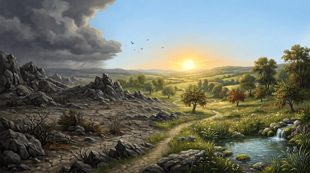 Winding path from rocky terrain through green hills beneath a sunset