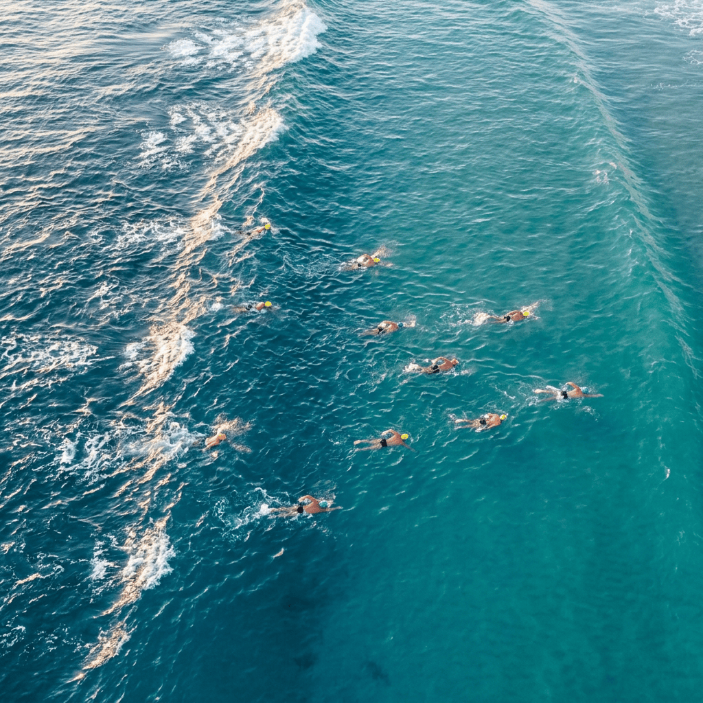 Several swimmers wearing colorful caps crossing turquoise ocean water