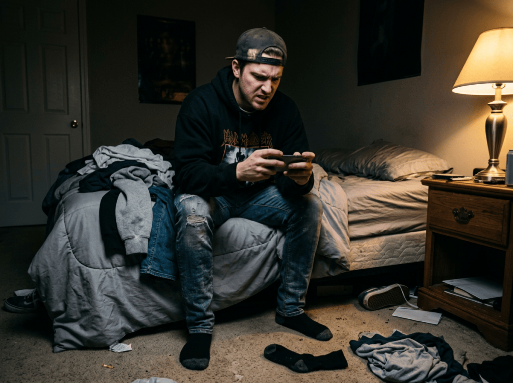 Young man playing on a phone while sitting on an unmade bed