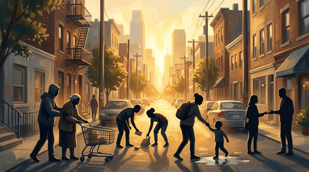 Neighbors cleaning a sunlit city street together
