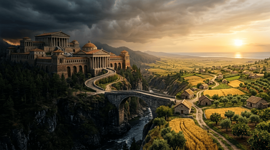Mountain fortress overlooking a stone bridge and river gorge at twilight