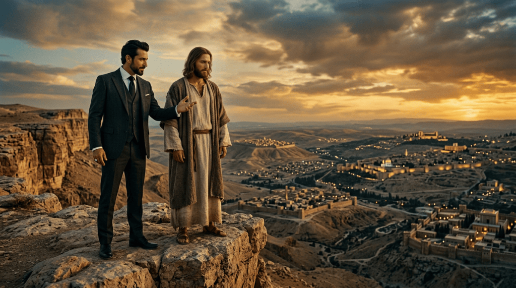 Modern-dressed man and robed figure overlooking an ancient city at sunset