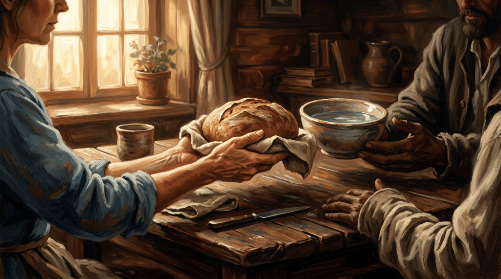 Two people sharing a loaf of bread and drinks at a wooden table