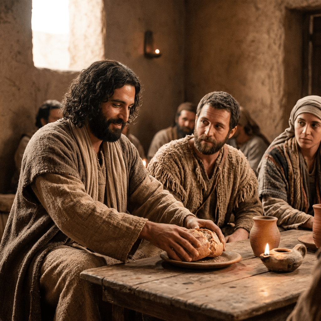 Bearded man sharing bread with people at a candlelit table