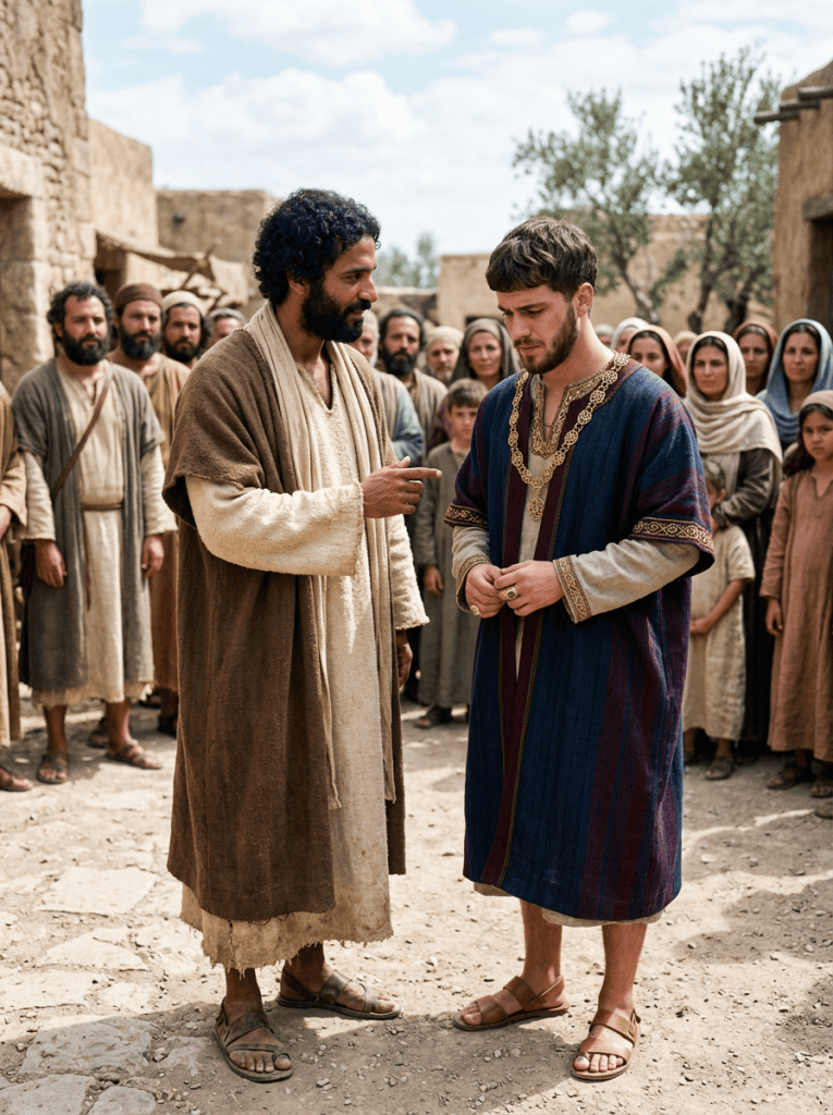 Two robed men converse before a crowd in an ancient village.